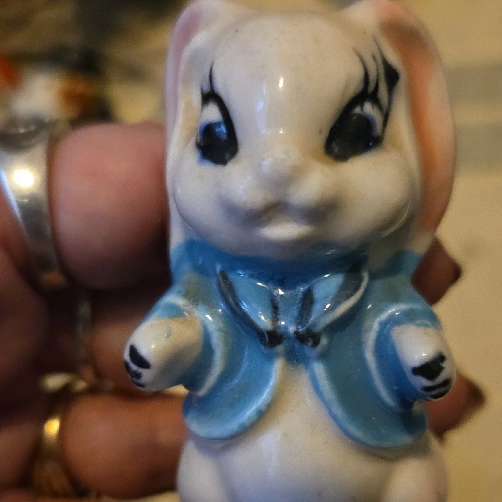Ceramic Bunny Figurines - Blue and White Anthropomorphic Salt An Pepper Shakers